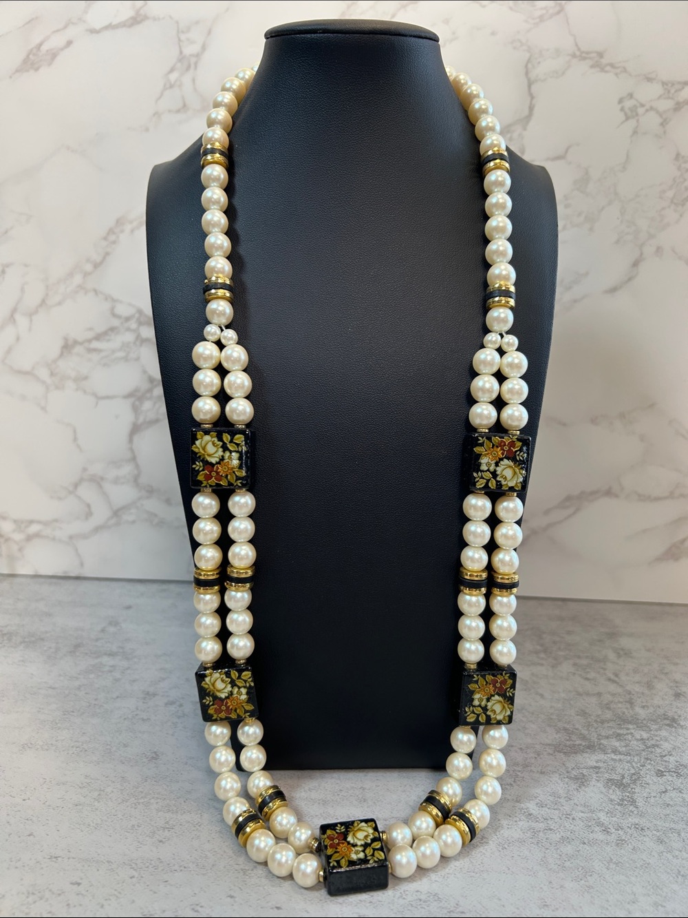 Vintage Japan Faux Pearl and Floral Black Bead Long Necklace - White Pearls